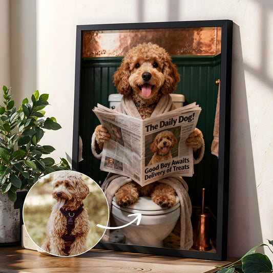 Custom Pet on Toilet with Newspaper | Unique Pet Gift, Fun Bathroom Print, Dog on Toilet, Personalised Pet Wall Art, Pet Portrait from Photo