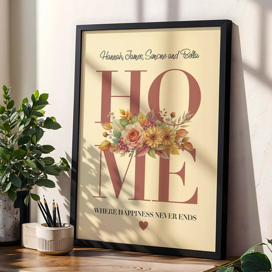 Personalised Home Floral Bouquet Print for Families | Housewarming Gift, Custom Family Home Print, Flower Home Decor Print for Her Mum