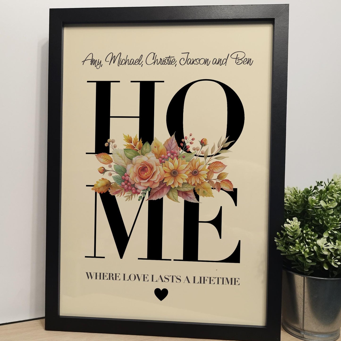 Personalised Home Floral Bouquet Print for Families | Housewarming Gift, Custom Family Home Print, Flower Home Decor Print for Her Mum