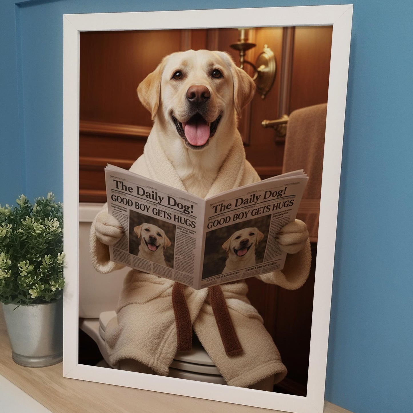 Custom Pet on Toilet with Newspaper | Unique Pet Gift, Fun Bathroom Print, Dog on Toilet, Personalised Pet Wall Art, Pet Portrait from Photo
