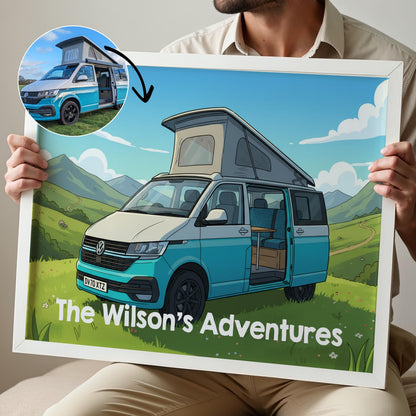 Custom Campervan Cartoon Print | Van Life Adventure Print, Personalised Motorhome Print, Camper Van Gifts for Couples, Camper Wall Art Print