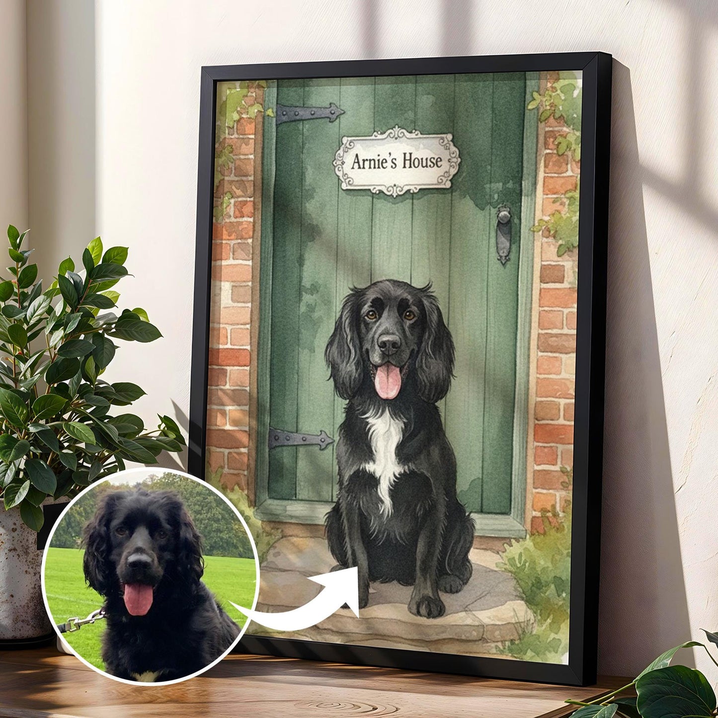 Custom Pet on Doorstep Watercolour Print | Unique Pet Gift, Fun Dog House Print, Personalised Pet Wall Art, Pet Portrait from Photo