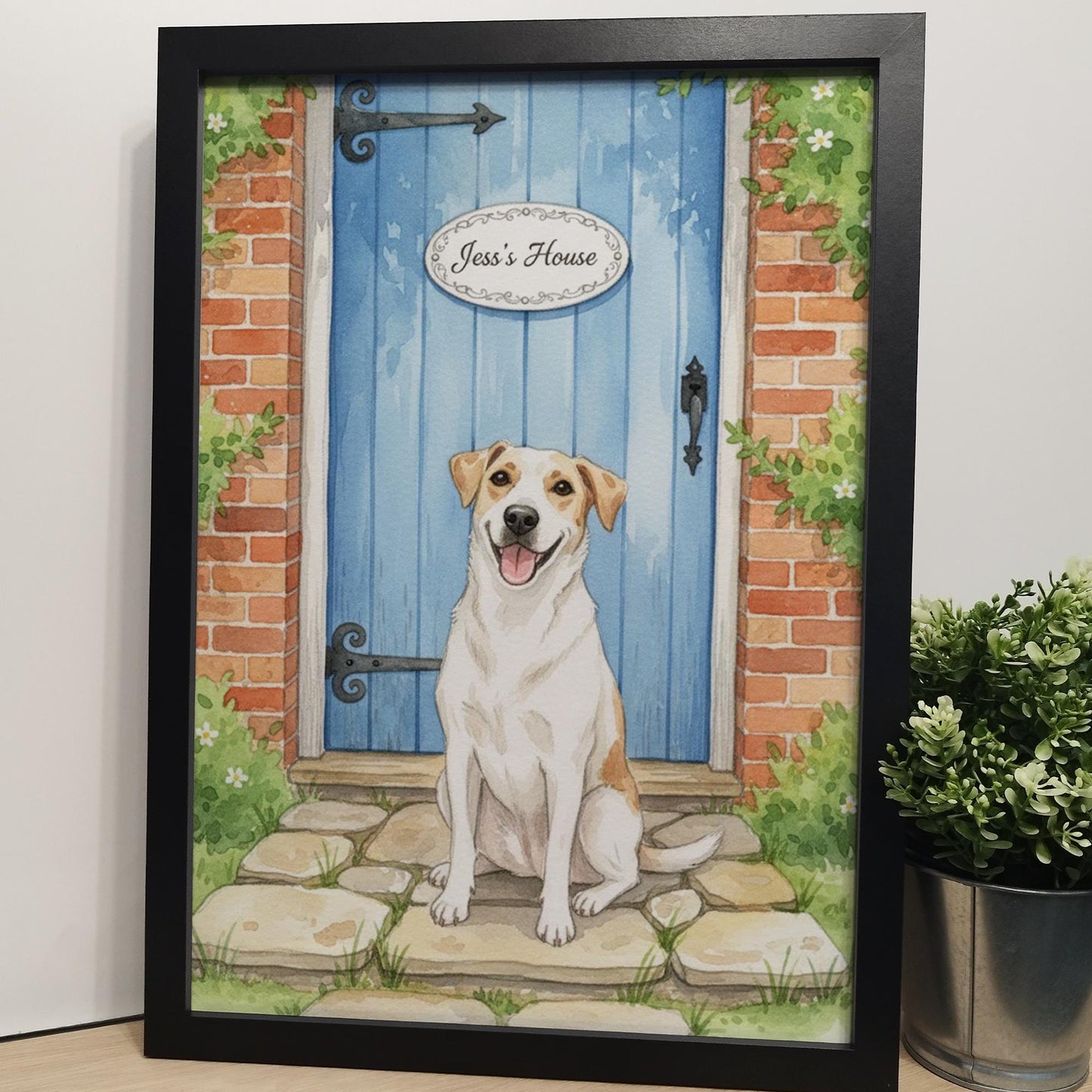 Custom Pet on Doorstep Watercolour Print | Unique Pet Gift, Fun Dog House Print, Personalised Pet Wall Art, Pet Portrait from Photo