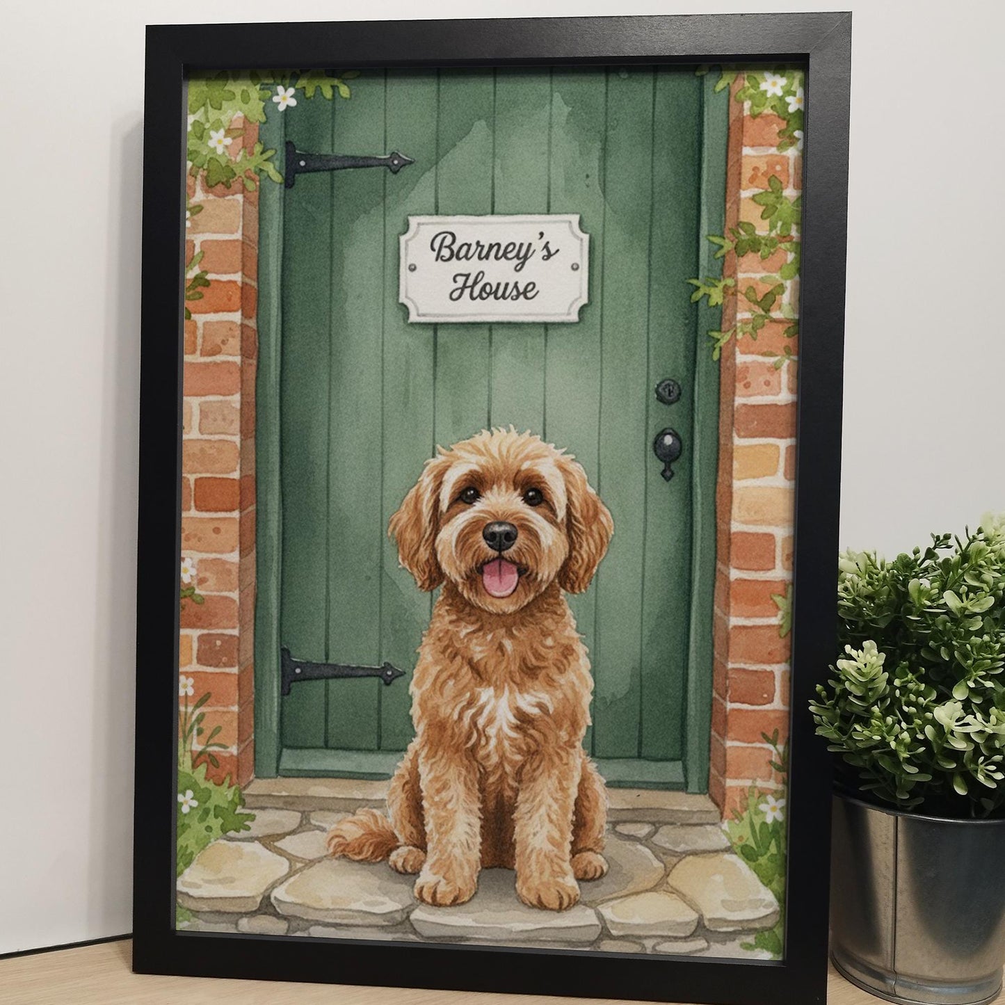 Custom Pet on Doorstep Watercolour Print | Unique Pet Gift, Fun Dog House Print, Personalised Pet Wall Art, Pet Portrait from Photo