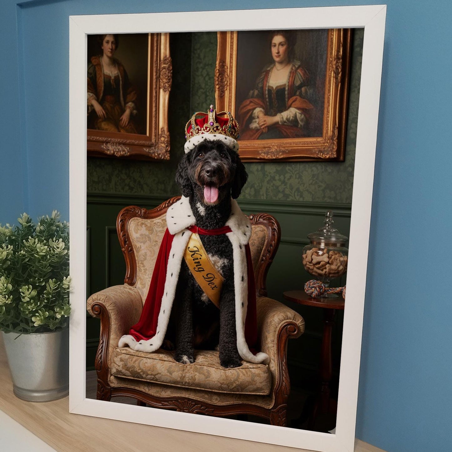 Custom Pet on Armchair with Crown | Unique Pet Gift, Fun Bathroom Print, Dog on Throne, Personalised Pet Wall Art, Pet Portrait from Photo