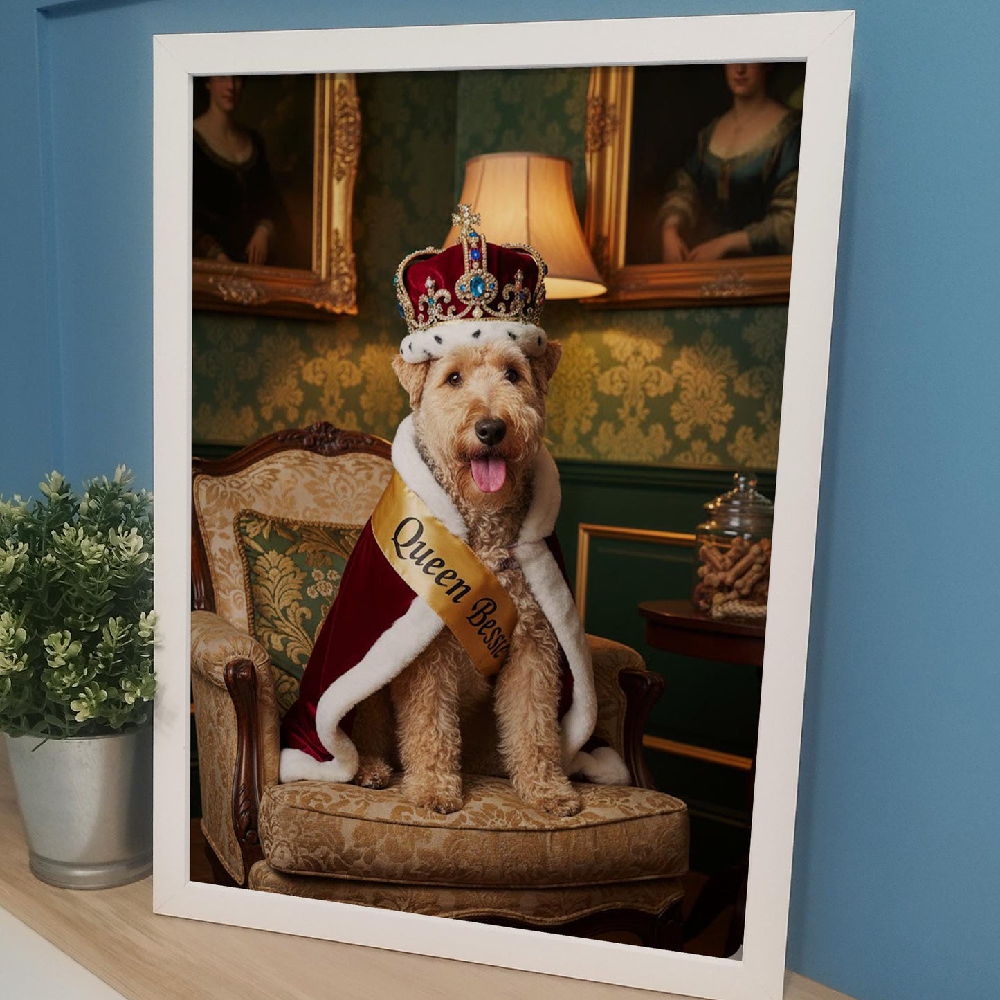 Custom Pet on Armchair with Crown | Unique Pet Gift, Fun Bathroom Print, Dog on Throne, Personalised Pet Wall Art, Pet Portrait from Photo