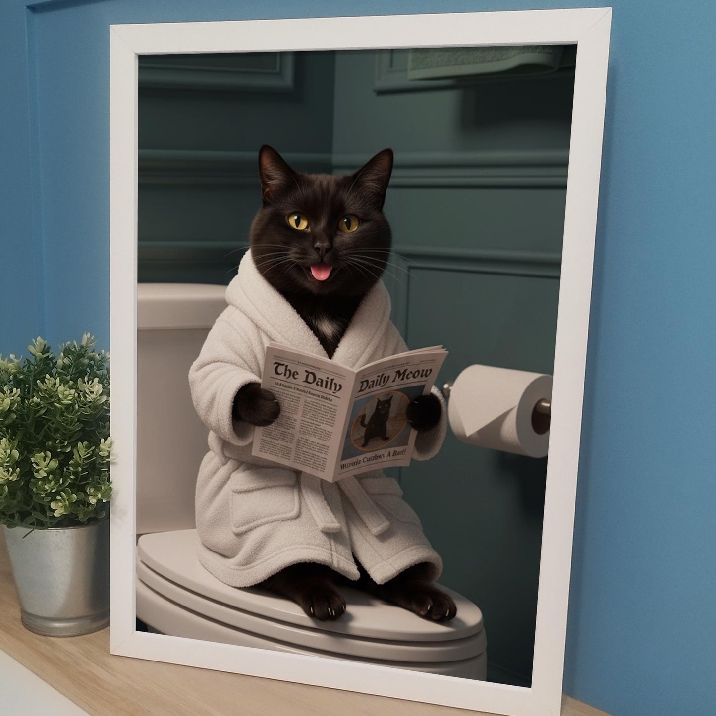 Custom Cat on Toilet with Newspaper | Unique Pet Gift, Fun Bathroom Print, Dog on Toilet, Personalised Pet Wall Art, Pet Portrait from Photo