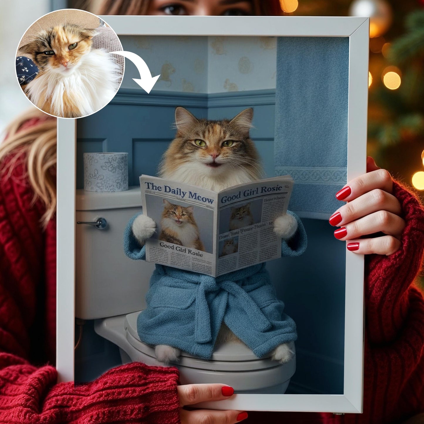 Custom Cat on Toilet with Newspaper | Unique Pet Gift, Fun Bathroom Print, Dog on Toilet, Personalised Pet Wall Art, Pet Portrait from Photo