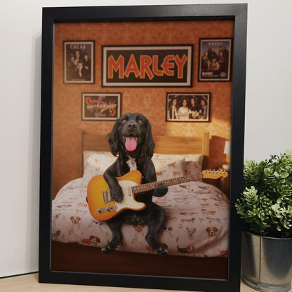 Custom Pet with Guitar Bedroom Print | Unique Music Pet Gift, Fun Bathroom Print, Personalised Dog Gift for Him, Pet Portrait from Photo