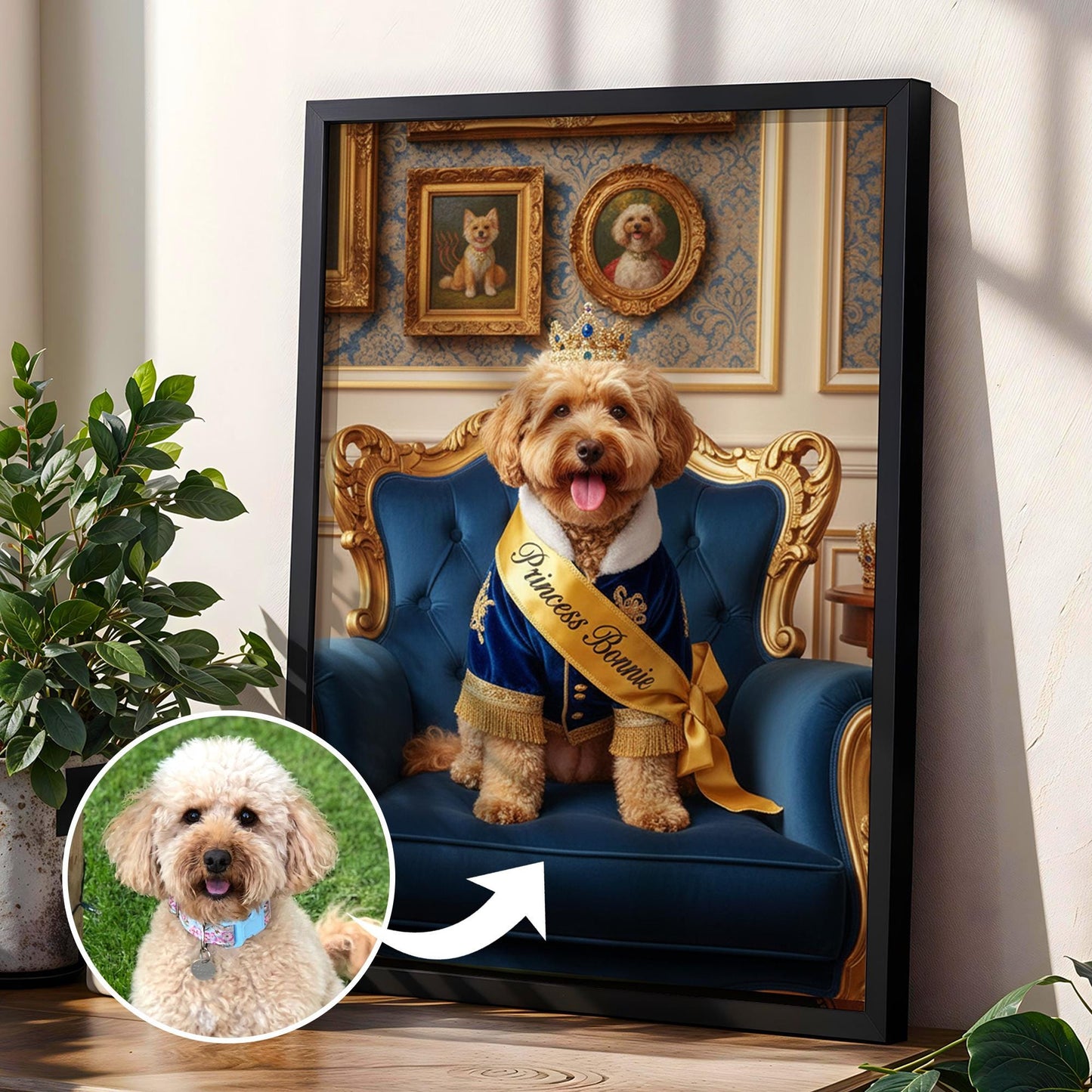 Custom Pet on Armchair with Crown | Unique Pet Gift, Fun Bathroom Print, Dog on Throne, Personalised Pet Wall Art, Pet Portrait from Photo