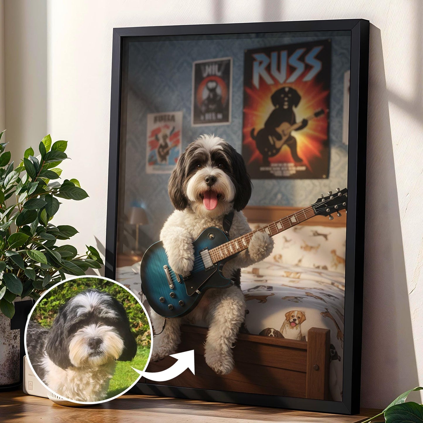 Custom Pet with Guitar Bedroom Print | Unique Music Pet Gift, Fun Bathroom Print, Personalised Dog Gift for Him, Pet Portrait from Photo