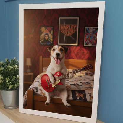 Custom Pet with Guitar Bedroom Print | Unique Music Pet Gift, Fun Bathroom Print, Personalised Dog Gift for Him, Pet Portrait from Photo
