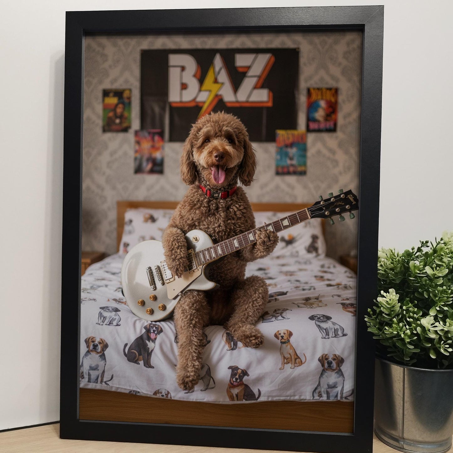 Custom Pet with Guitar Bedroom Print | Unique Music Pet Gift, Fun Bathroom Print, Personalised Dog Gift for Him, Pet Portrait from Photo