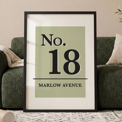 Personalised house number framed print featuring custom address and street name modern wall art gift