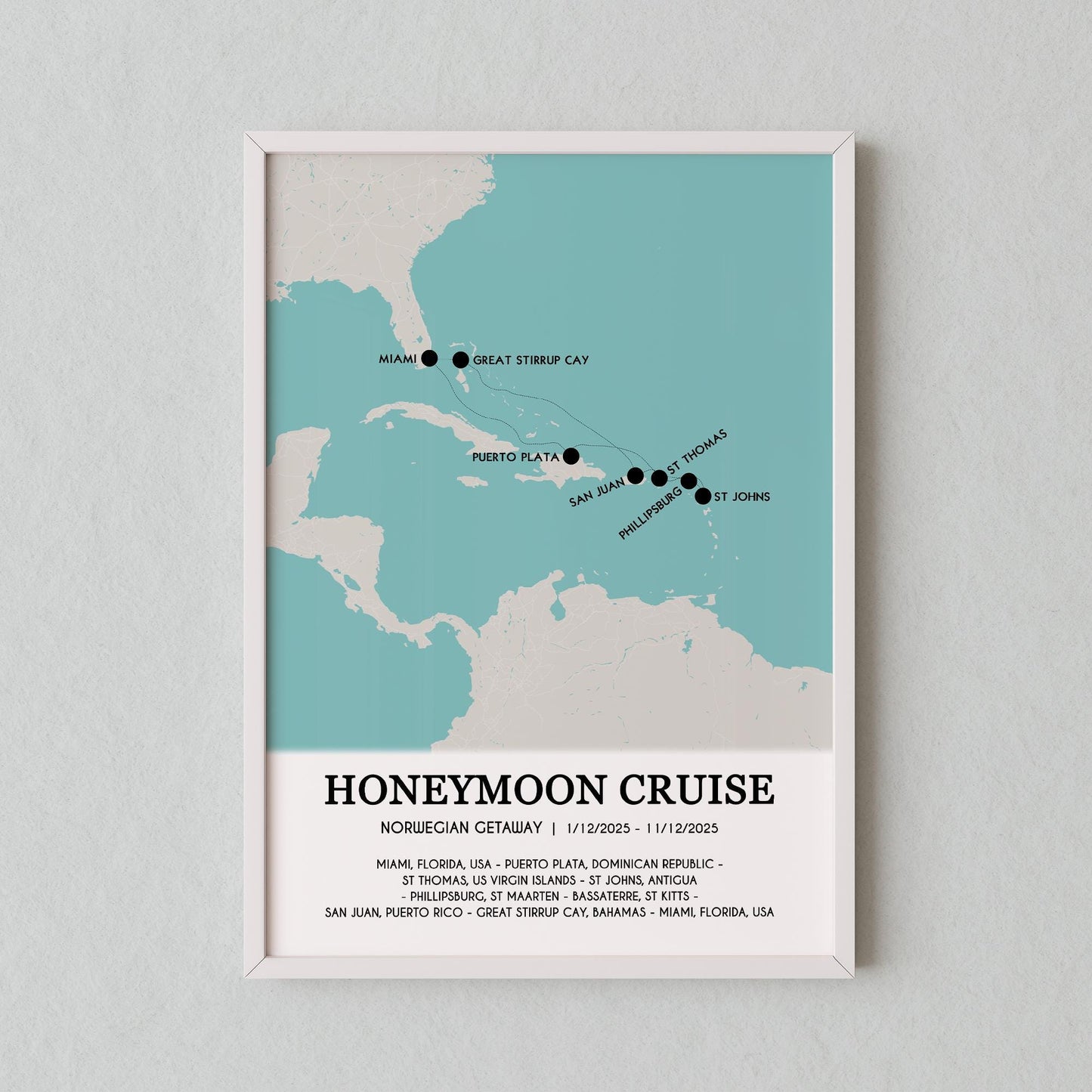 Custom Cruise Map Gift for Couples | Personalised Cruise Ship Ports Map Holiday Wall Art, Anniversary Print for Her Wife Him Husband