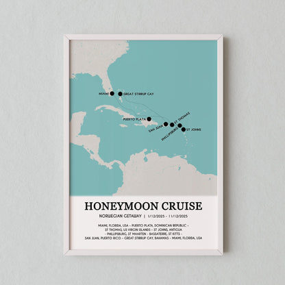 Custom Cruise Map Gift for Couples | Personalised Cruise Ship Ports Map Holiday Wall Art, Anniversary Print for Her Wife Him Husband
