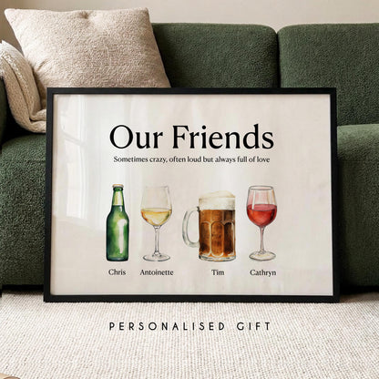Personalised friends print with beer and wine illustrations custom friendship wall art with names