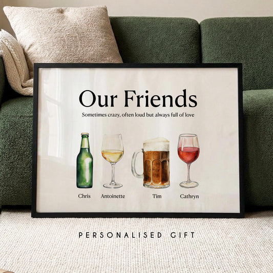 Personalised friends print with beer and wine illustrations custom friendship wall art with names