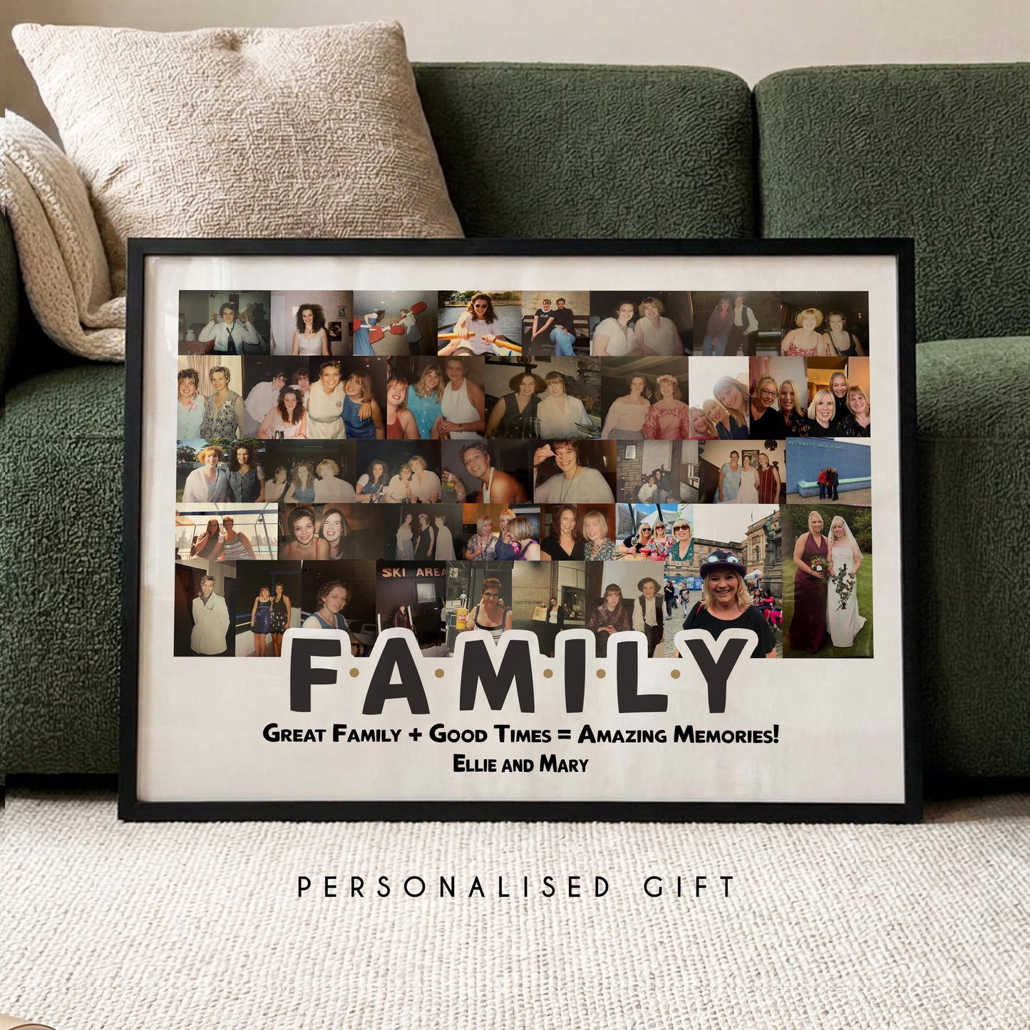 Personalised family photo collage framed print with custom photos and names wall art gift