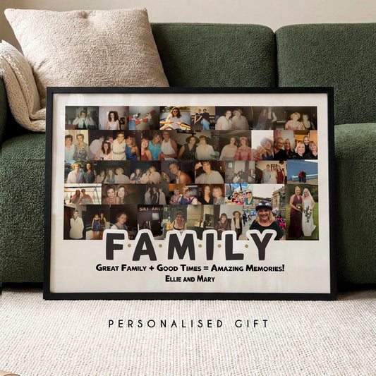 Personalised family photo collage framed print with custom photos and names wall art gift