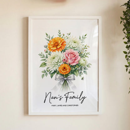 Personalised Family Birth Flower Bouquet Print – Custom Floral Wall Art Gift