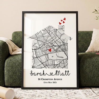 Personalised New Home Map Print – Custom Housewarming Gift for Couples