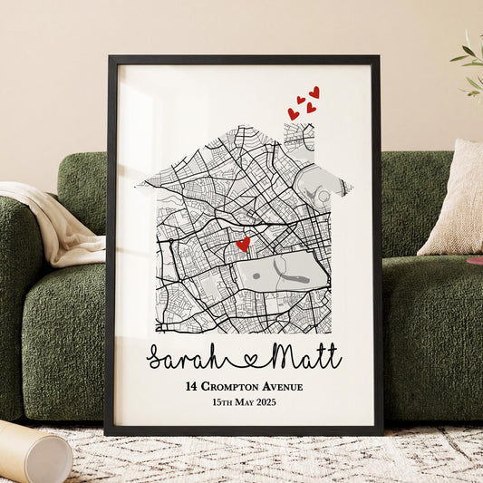 Personalised New Home Map Print – Custom Housewarming Gift for Couples
